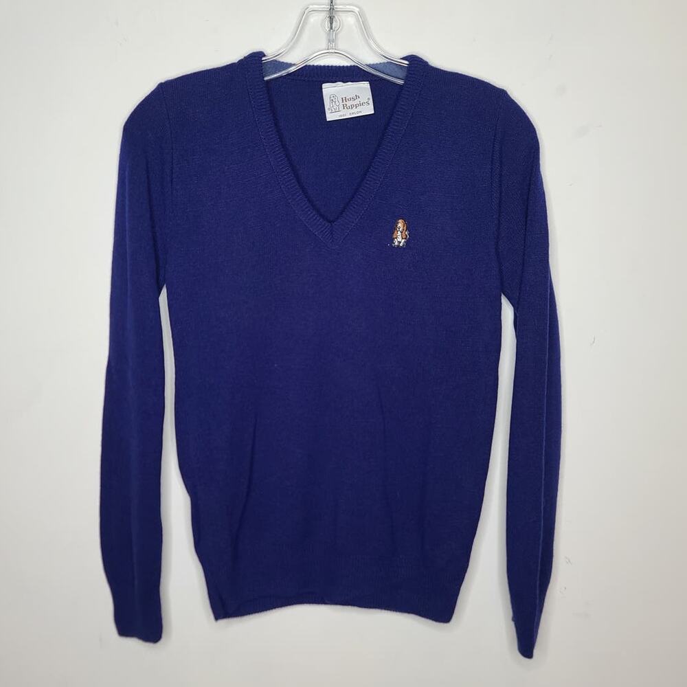 Vintage Hush Puppies bright blue long sleeve v-neck sweater dog logo - XS / S